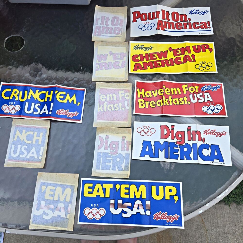 Kellogg 1984 USA Olympics Cereal Advertising Sticker Lot "Pour It On America"